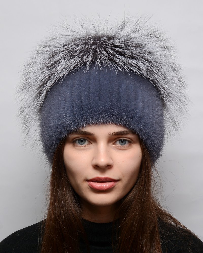 Fur Hat Women Beanie Mink Hat Winter Real Fur Silver Hat Fox Fur Hat Knit Fur - หมวก - ขนแกะ หลากหลายสี