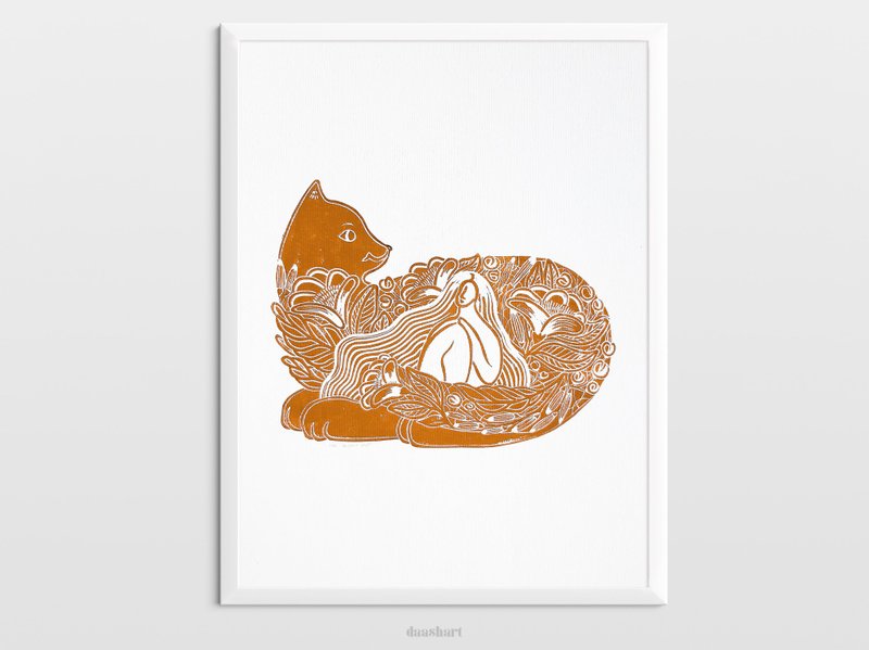 Linocut print Terracotta cat wall art Botanical illustration Original artwork - Posters - Paper White