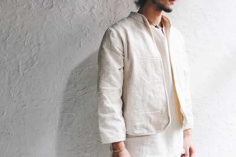 開襟式平針繡外套  白 - 男夾克/外套 - 棉．麻 白色