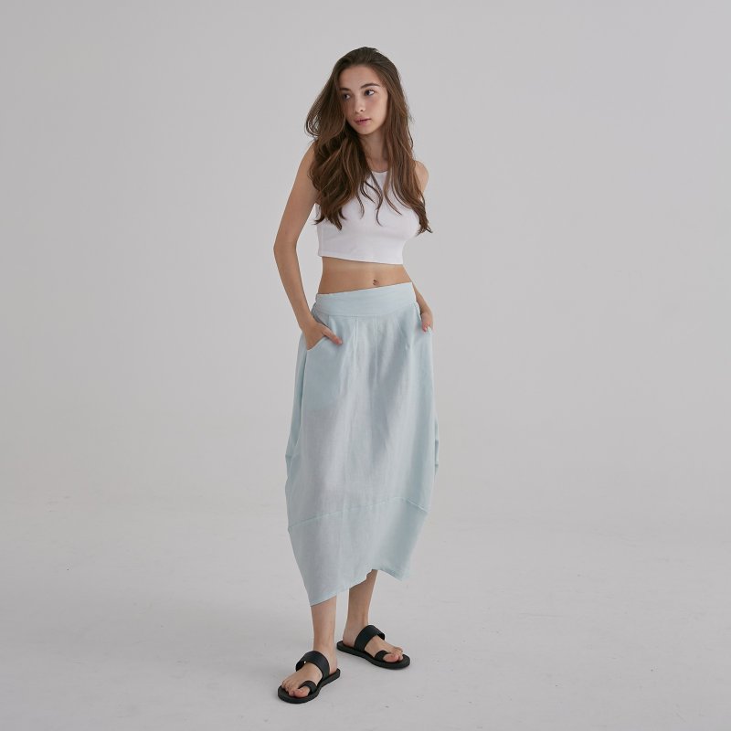 Side ruched midi skirt - Mint - กระโปรง - ผ้าฝ้าย/ผ้าลินิน สีเขียว