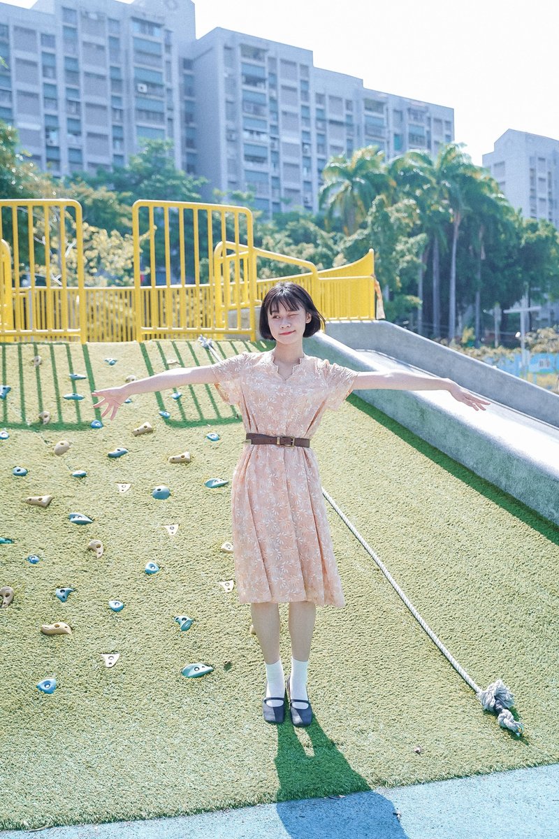 Vintage 古著 洋裝 刺繡滿滿小橘洋裝 古洋 | 純情百貨行 - 洋裝/連身裙 - 聚酯纖維 橘色