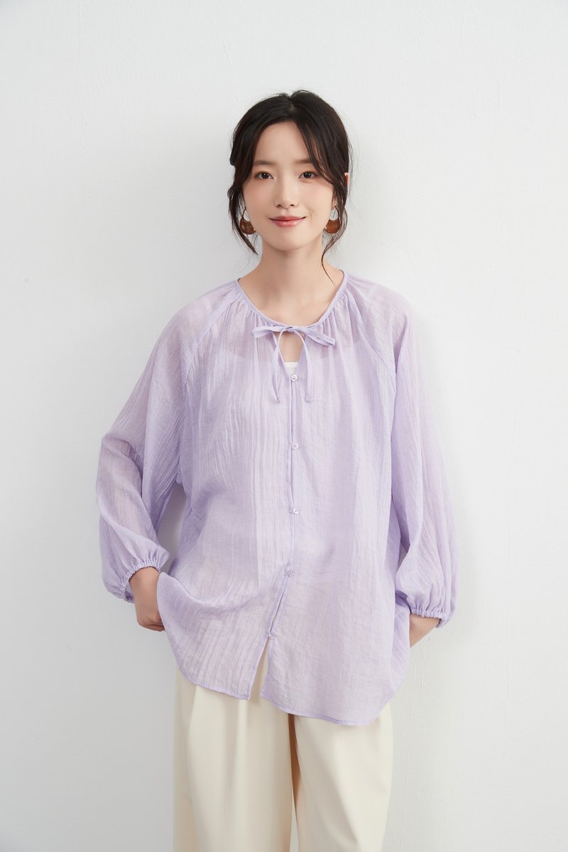 Sheer cotton blend long sleeve gathered blouse, protection from the sun and air conditioning, lightweight cardigan in pretty colors - Women's Tops - Polyester Purple