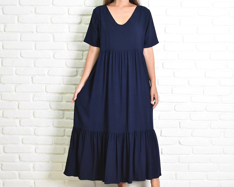 Vネックティアードワンピース　ネイビー - 洋裝/連身裙 - 其他材質 藍色