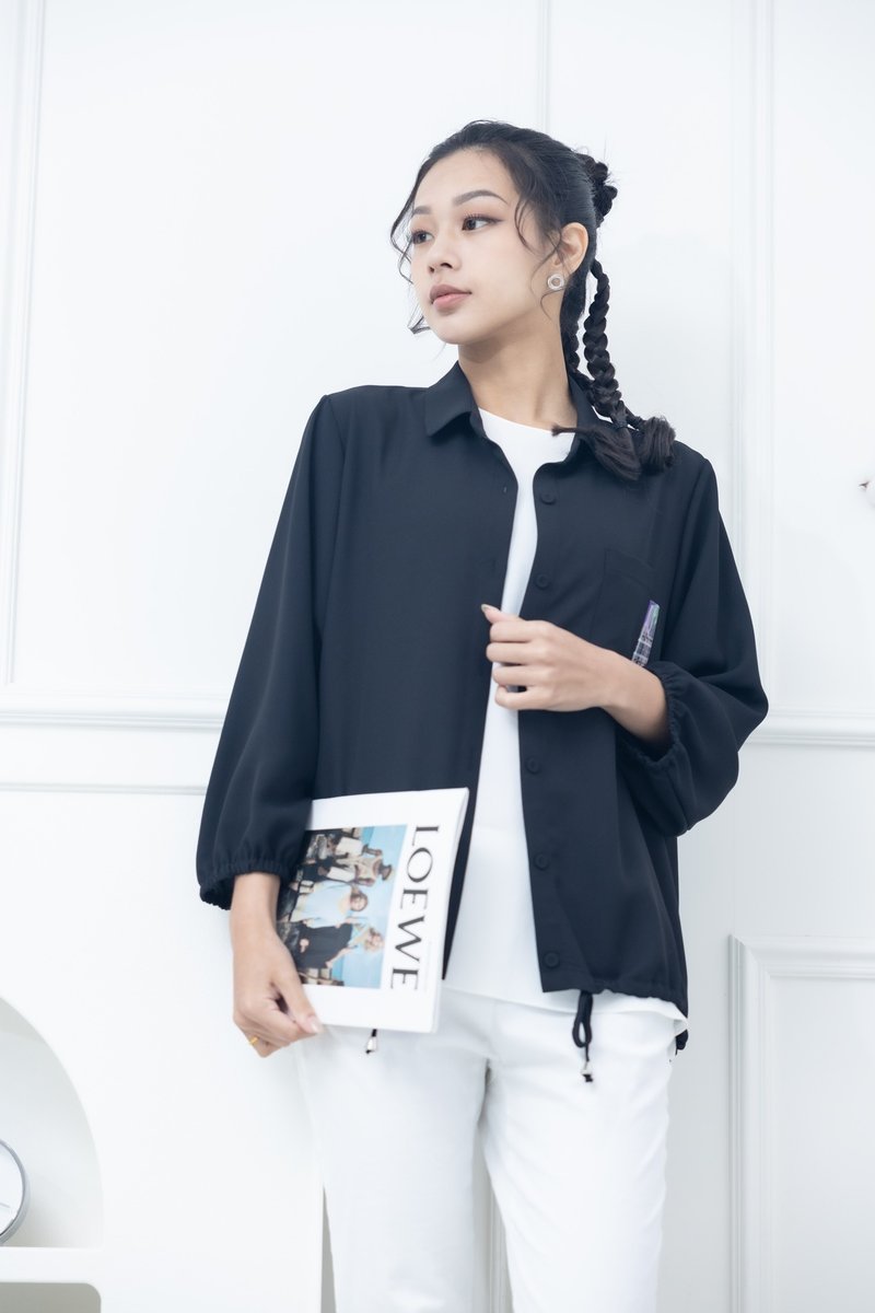 Printed Pockets Drawstring Hem Cropped Sleeves Black - เสื้อเชิ้ตผู้หญิง - วัสดุอื่นๆ สีดำ