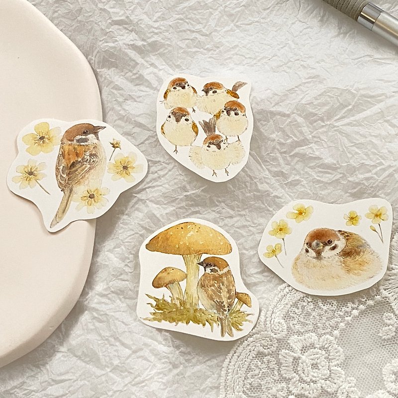 Sparrow flowers, grass, straw mushrooms and mushrooms sticker set - สติกเกอร์ - พลาสติก 