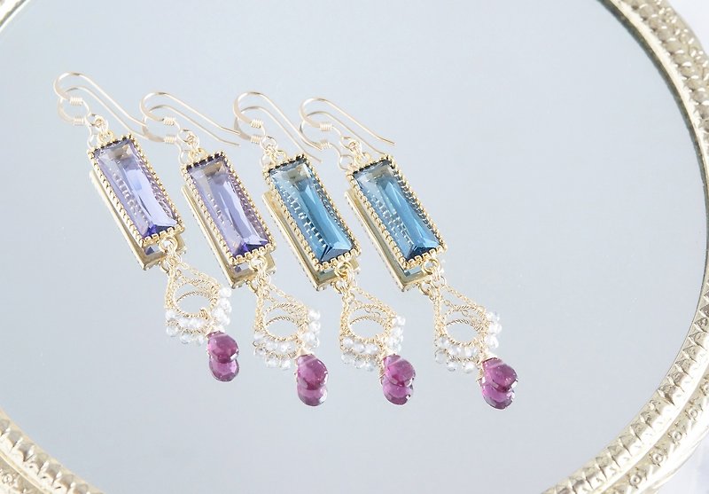 【14KGF】Rhodorite Garnet,Rectangle Glass Earrings - ピアス・イヤリング - 宝石 パープル