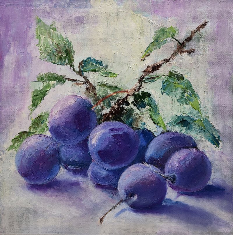 Plums Original Oil Painting Kitchen Wall Art Fruit Still Life 手工油畫 油畫原作 - 海報/掛畫/掛布 - 其他材質 多色
