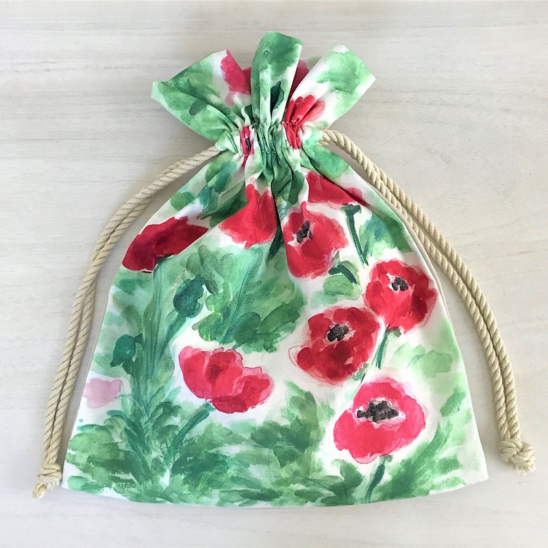 Wonder Flower Drawstring Pouch Floral Pattern Red Poppy - Toiletry Bags & Pouches - Cotton & Hemp Red