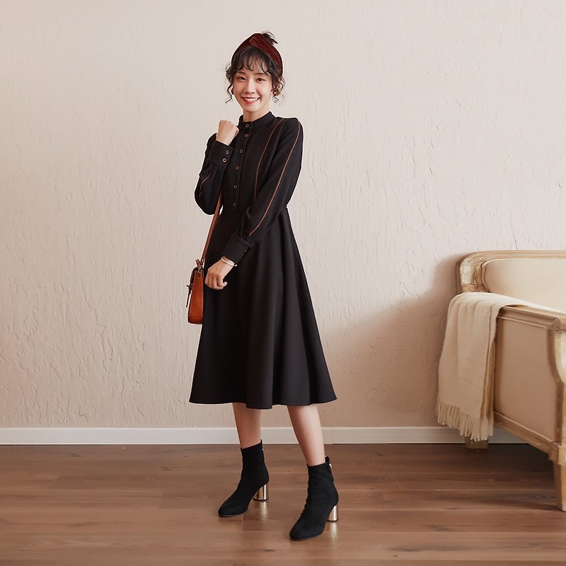 安妮陳2017冬裝新款女裝前片織帶長袖連身裙洋裝 - 洋裝/連身裙 - 棉．麻 黑色