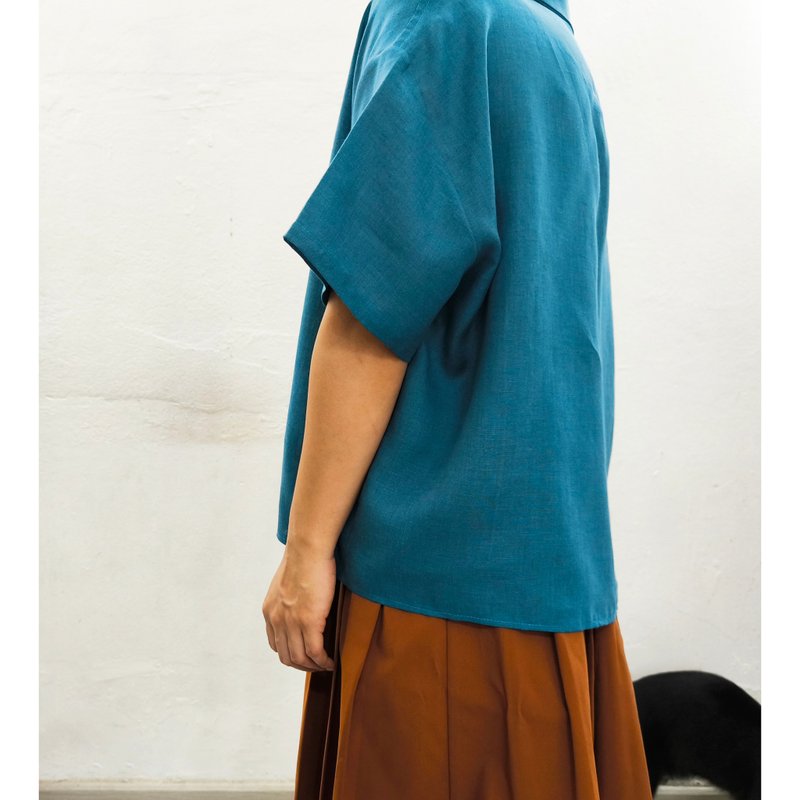Linen | Shirt, open collar, navy blue - 女襯衫 - 棉．麻 藍色