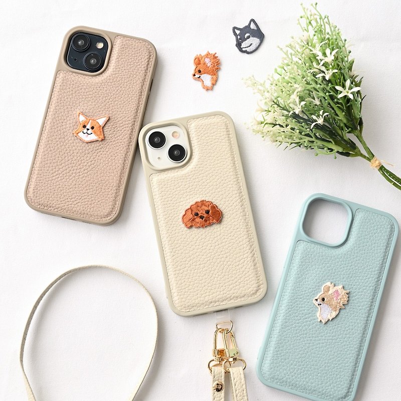 Color Rear Case [Simple Dog Patch] Embroidered iPhone Smartphone Case Smartphone Shoulder Dull Color Animal Pet A269I - Phone Cases - Faux Leather Brown