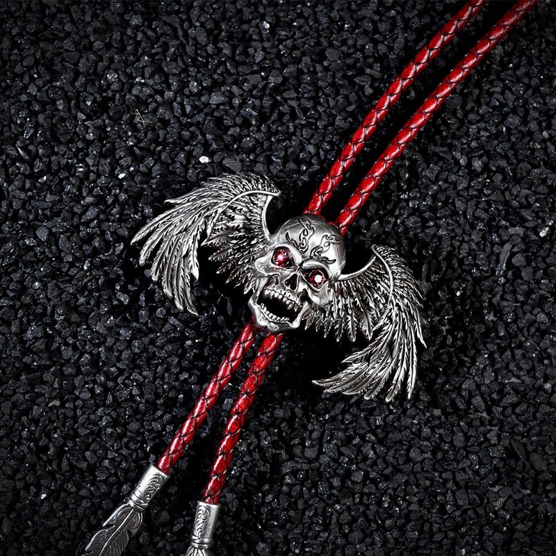 Blazing Skull Paul Tie Bolo Tie Genuine Leather Necklace Leather Cord Tie Skull Wings - เนคไท/ที่หนีบเนคไท - หนังแท้ สีเงิน