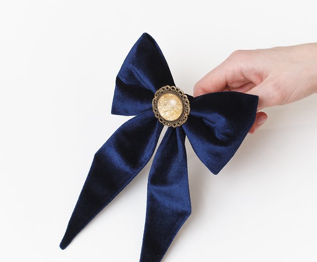 Navy Blue Hair Bow Clip for Women, Big Velvet Bow Barrette for Girl, Vintage Handmade Gift Hair Tie | Lucky Bow