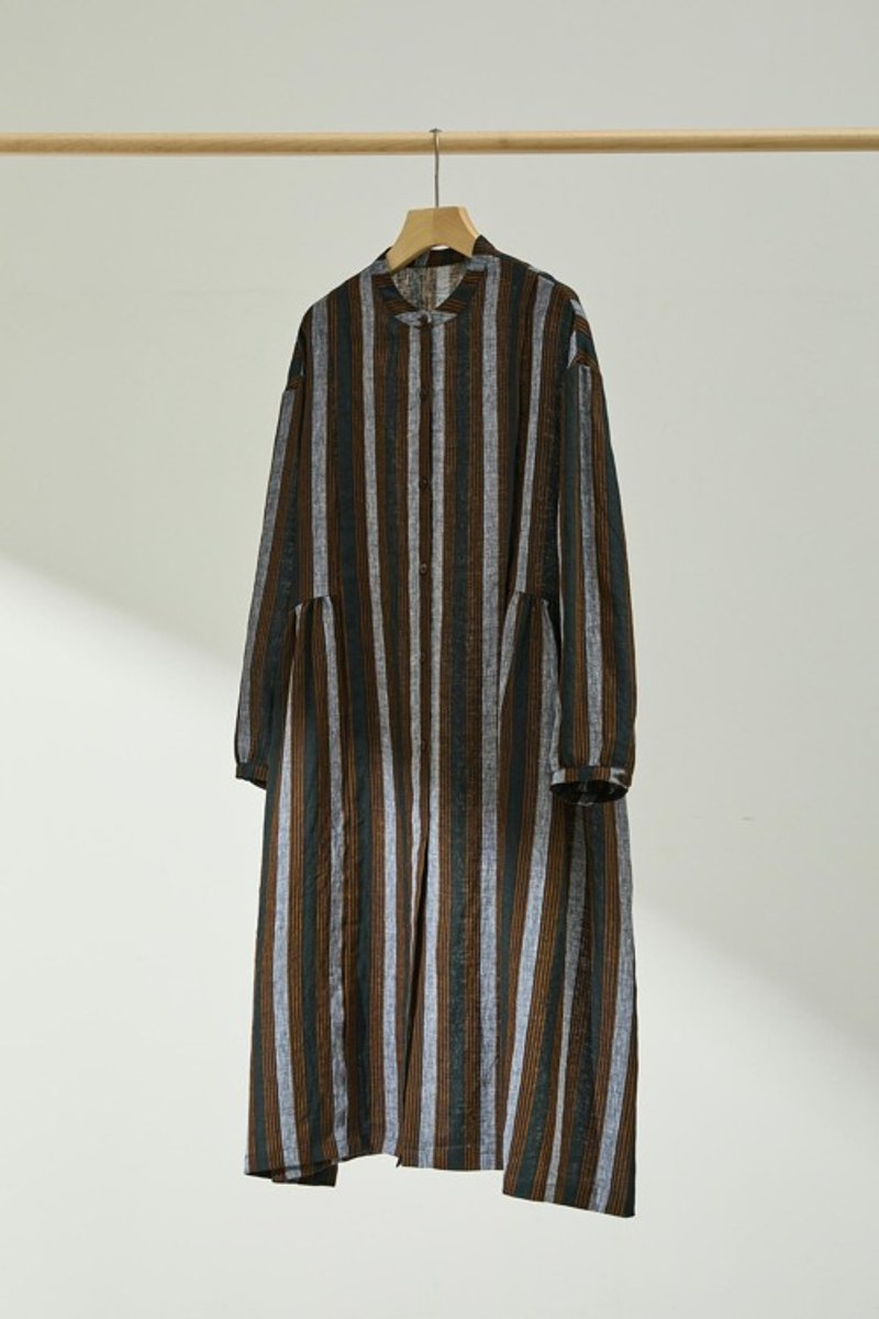 A striped dress made of 100% Linen that can be worn in a variety of ways 240320-1 - ชุดเดรส - ผ้าฝ้าย/ผ้าลินิน 