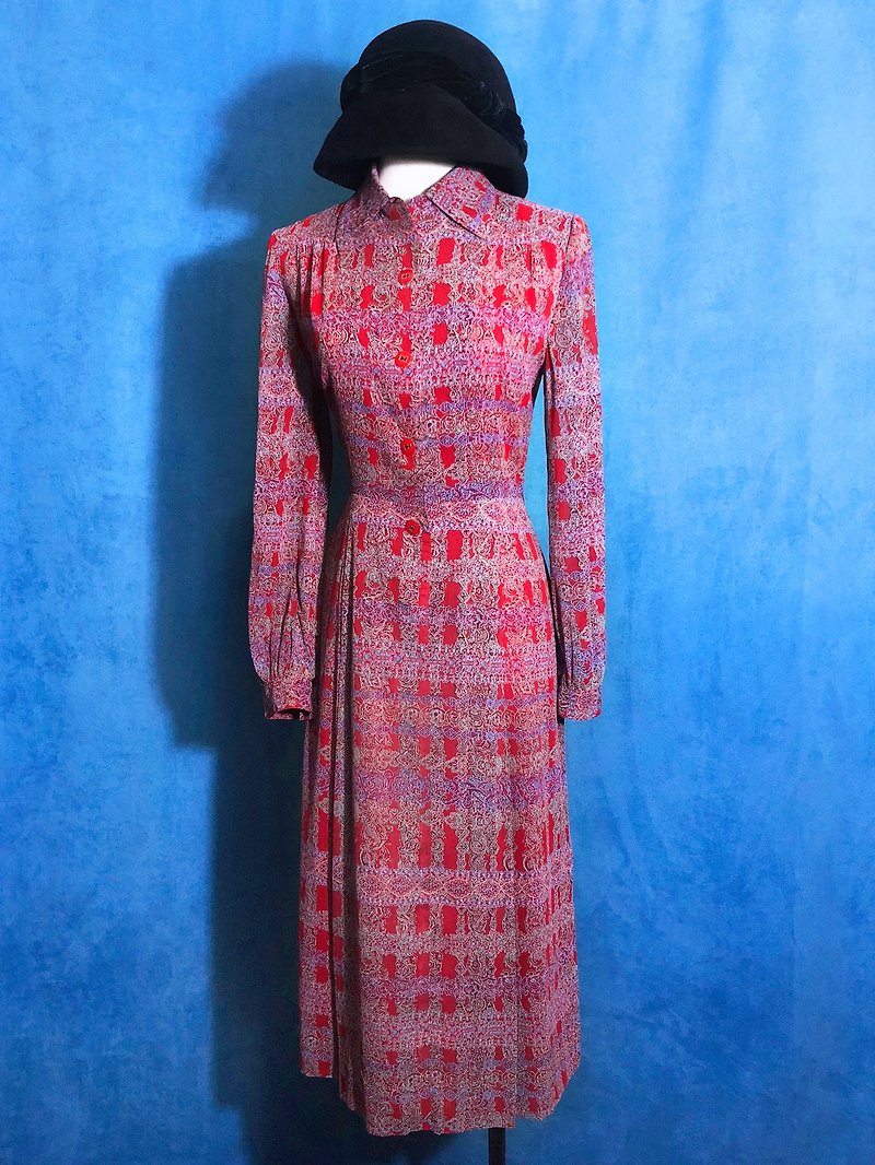Totem red long-sleeved vintage dress / brought back to VINTAGE abroad - ชุดเดรส - เส้นใยสังเคราะห์ สีแดง