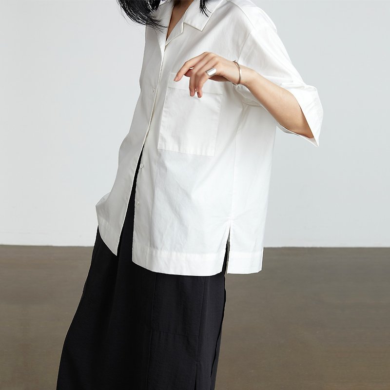 Cuban collar short-sleeved white shirt 2021 Xinjiang long-staple cotton profile original design Gaoguo GAOGUO - Women's Shirts - Cotton & Hemp White