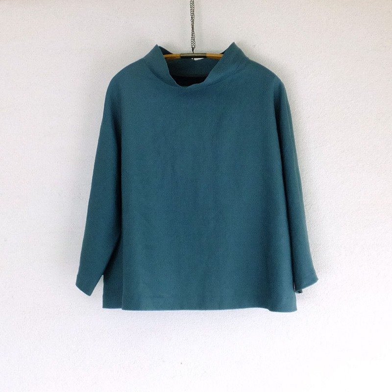 2色リネンのプルオーバー　緑青+茶 - 女上衣/長袖上衣 - 棉．麻 藍色