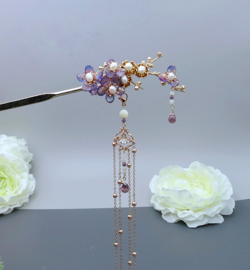 檸檬手作髮飾 捷克白牡丹楓葉髮簪 (流蘇可拆) - Hair Accessories - Colored Glass Purple