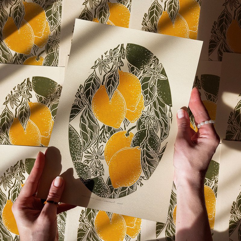Vintage lemons fruits linocut print Original artwork Kitchen wall art decor - 壁貼/牆壁裝飾 - 紙 綠色