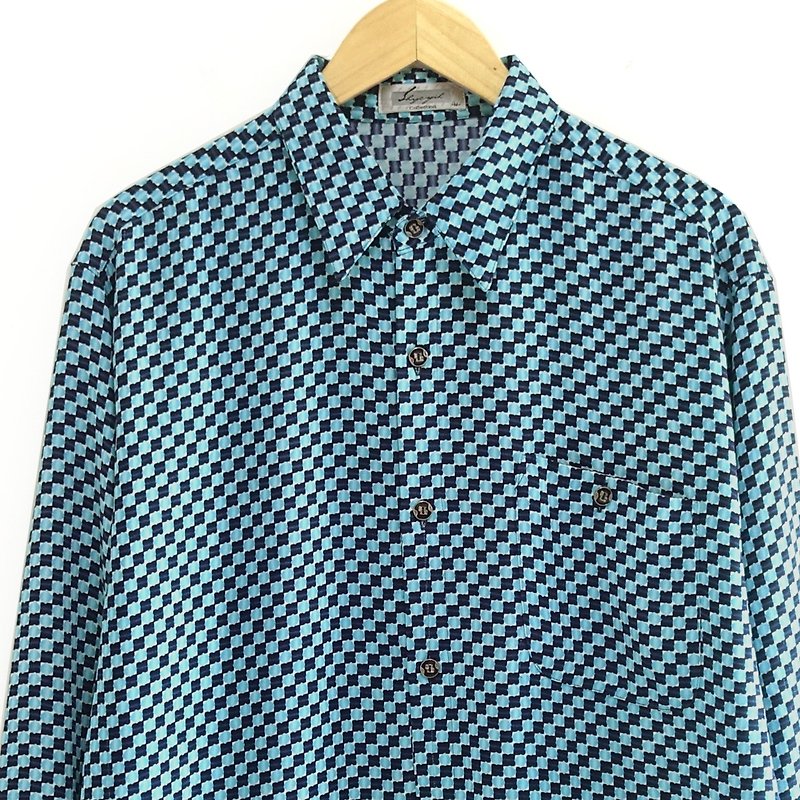 │Slowly│錯覺小方塊-古著襯衫│vintage.復古.文藝 - 男裝 恤衫 - 其他材質 藍色