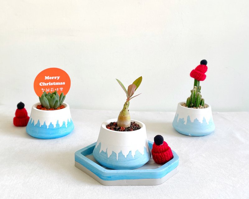 Classic Blue White Mount Fuji Cement potted plant with customizable English letters Christmas gift - ตกแต่งต้นไม้ - ปูน สีน้ำเงิน