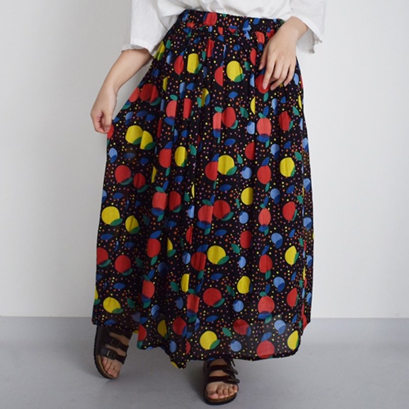 Multi-dot print Long skirt with lining - กระโปรง - ผ้าฝ้าย/ผ้าลินิน สีดำ