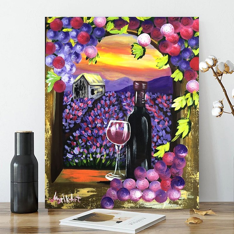 ワインペインティングボトルオリジナルアートワイングラスインパストペインティングインパストアクリル - ポスター・絵 - その他の素材 多色