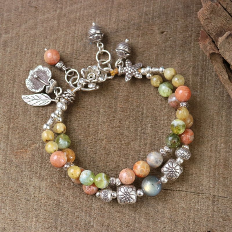 Handmade Fossil Coral Golden Rutile Quartz Prehnite Bracelet with Karen Silver - Bracelets - Sterling Silver Orange