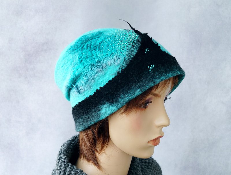 turquoise felt hat felted wool felted hat warm winter beautiful original fancy h - 帽子 - 羊毛 藍色