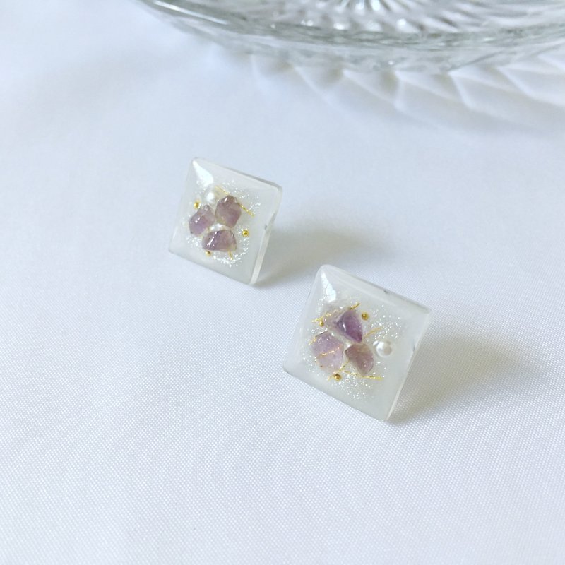 Square。Amethyst Earring Earclip - Earrings & Clip-ons - Crystal Purple
