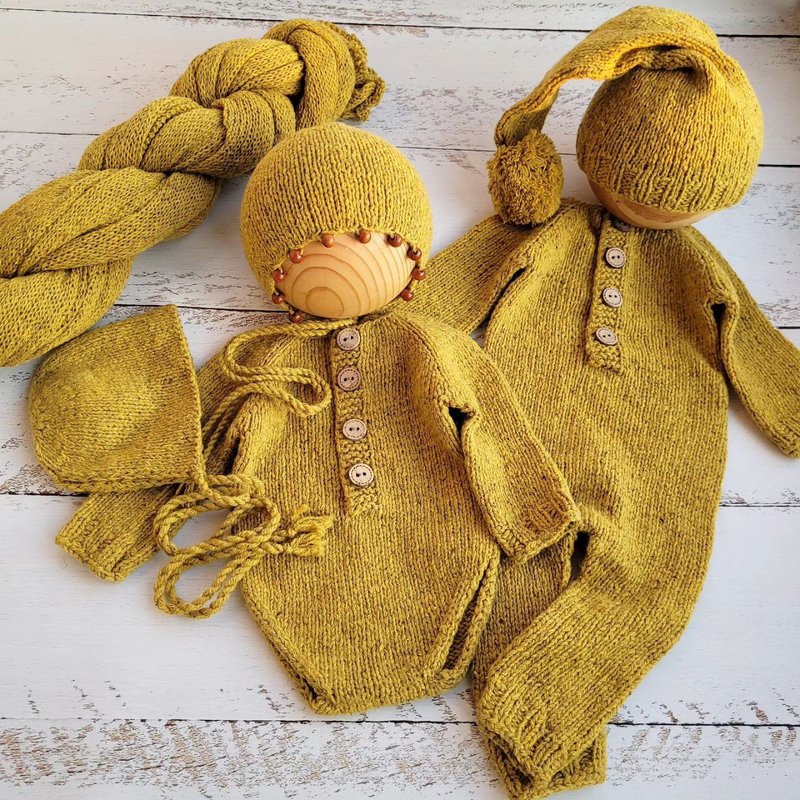 Mustard/yellow tweed romper with hat. Newborn photo props. - 嬰兒手鍊/飾品 - 羊毛 黃色