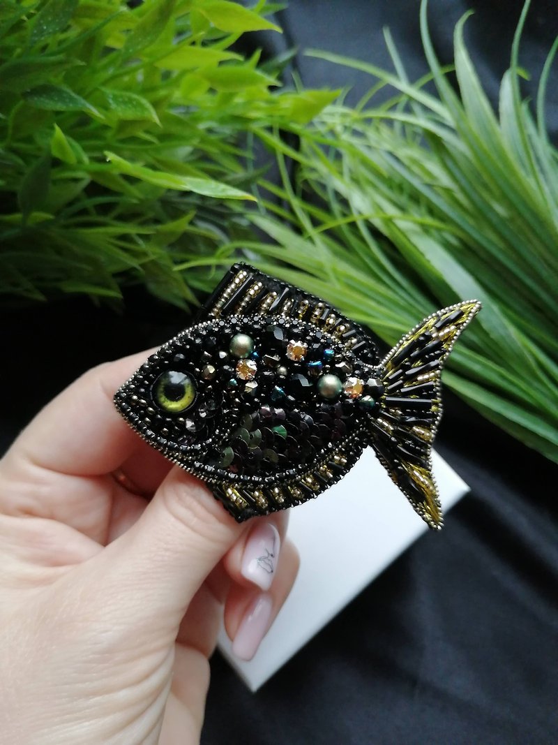 A brooch in the form of a fish, handmade marine jewelry with beads and crystals - Brooches - Other Metals Black
