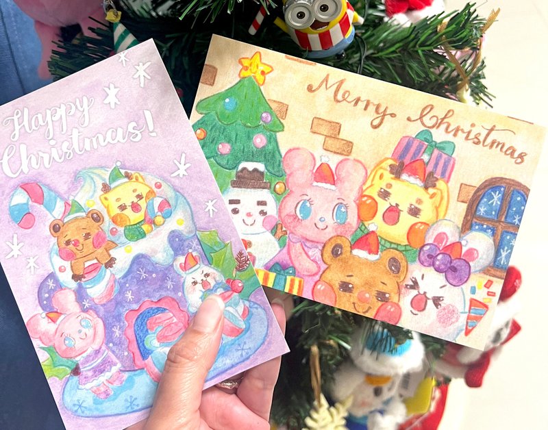 Christmas • Cotton candy hot cocoa chocolate cup/Forest friends come together for a party postcard - การ์ด/โปสการ์ด - กระดาษ หลากหลายสี