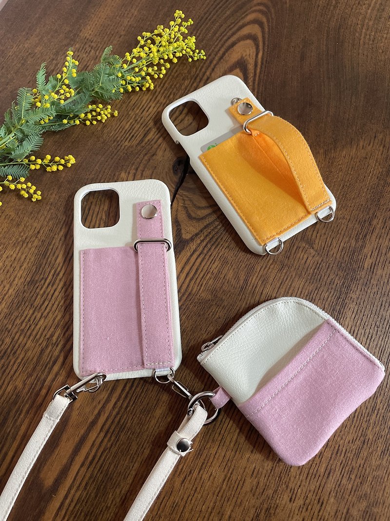 棉．麻 側背包/斜背包 粉紅色 - Okayama Denim PVC Leather Belted Smartphone Case Strap Card Pocket Stand Smartphone Shoulder Mimosa Sakura