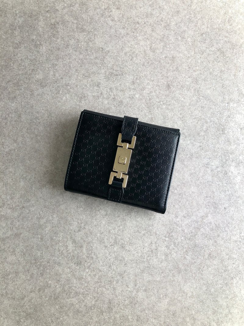 [Direct from Japan, branded used bag] GUCCI Jackie wallet, black, GG pattern, logo, leather, bi-fold, vintage, old, rdam34 - Wallets - Genuine Leather Black