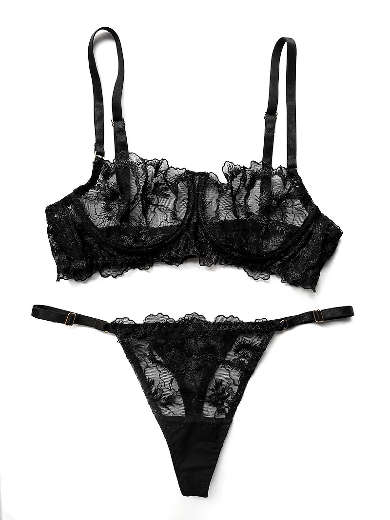Floral lace lingerie set - Balconette bra, panty, garter belt - Lace underwear - Women's Underwear - Polyester Black