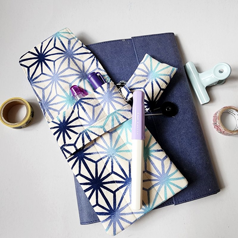 3枝裝鋼筆筆套, 和風布筆袋--藍白麻葉 - 鉛筆盒/筆袋 - 棉．麻 藍色