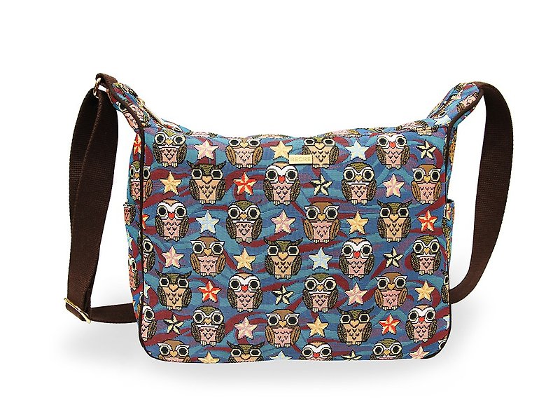 Night owl texture painting Ti cat ears messenger bag coffee blue -REORE - Messenger Bags & Sling Bags - Other Materials 