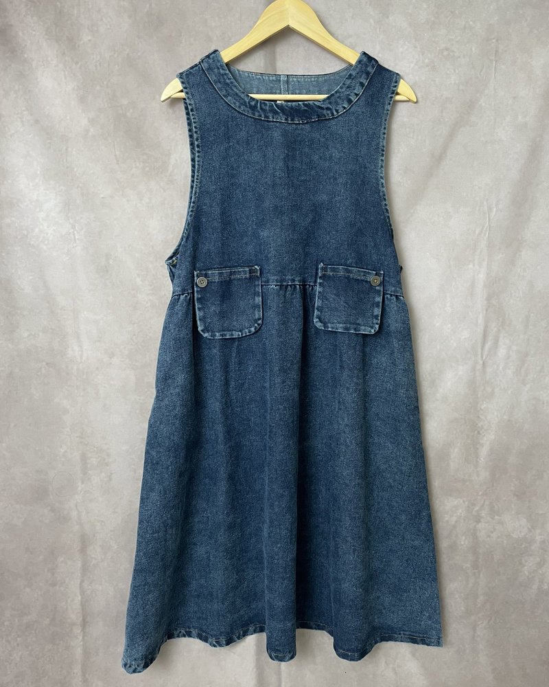 Sen Zhi audition - denim vest dress - ชุดเดรส - ผ้าฝ้าย/ผ้าลินิน สีน้ำเงิน