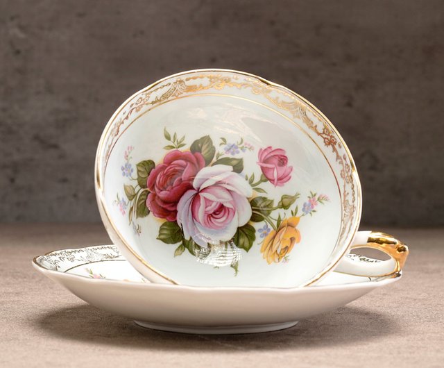 Peony and Strawberry Blue Bone China - Tea Cup and Saucer Set of 4