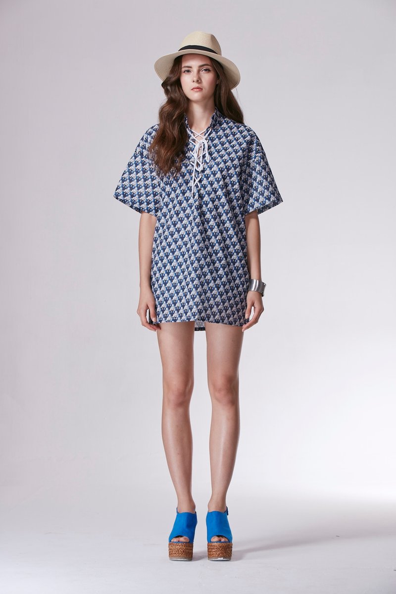 藍色機器人網格提花寬松V領抽繩寬松短袖連衣裙N202013A70 - 洋裝/連身裙 - 聚酯纖維 藍色