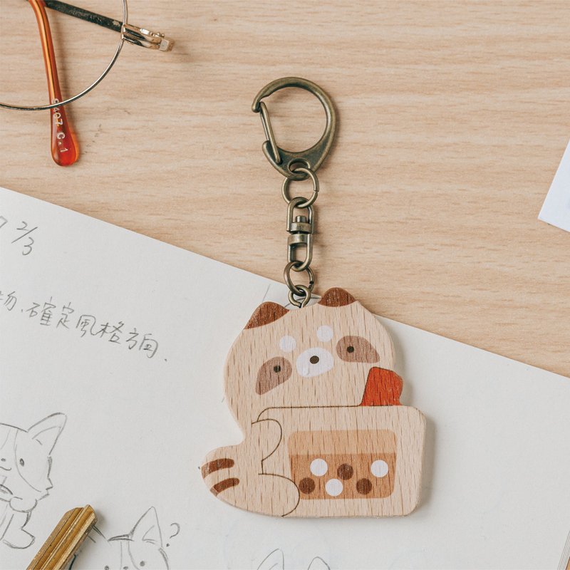 [Small WOOD Mirror-Purple Milk Raccoon] Portable Mirror/Keychain/Style Pendant - Keychains - Wood Multicolor