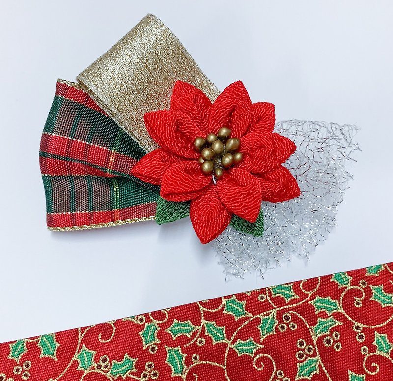 (Christmas gift box) Christmas floral ribbon with elastic hairband/hairpin - เครื่องประดับผม - ผ้าฝ้าย/ผ้าลินิน สีแดง