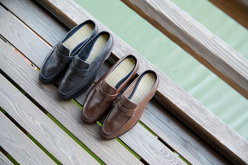 Relaxing Shoes Tatami Loafer Slippers Made in Japan Cowhide Leather Sandals Mule - รองเท้าหนังผู้ชาย - หนังแท้ สีนำ้ตาล