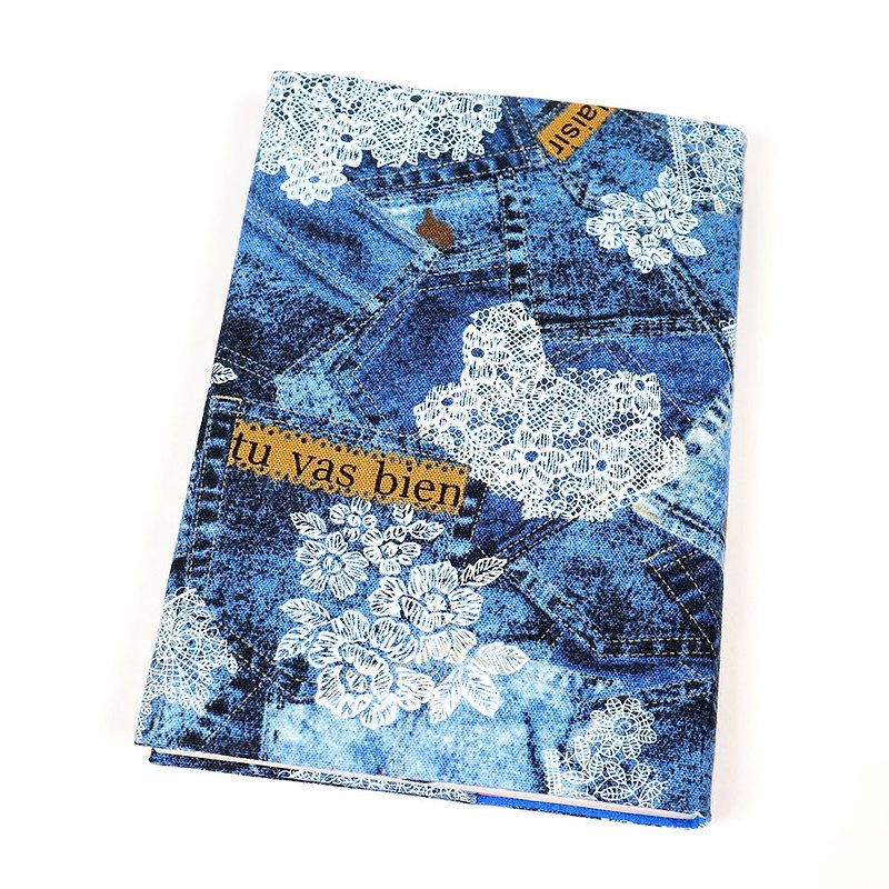 A5 Adjustable Mother's Handbook Cloth Book Cover - Lace Denim (Blue) - ปกหนังสือ - ผ้าฝ้าย/ผ้าลินิน สีน้ำเงิน