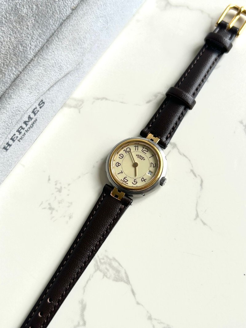 絕版古董錶 Hermes Paris 二手男女裝皮革錶帶 手錶 腕錶 中古 - 女錶 - 其他金屬 咖啡色