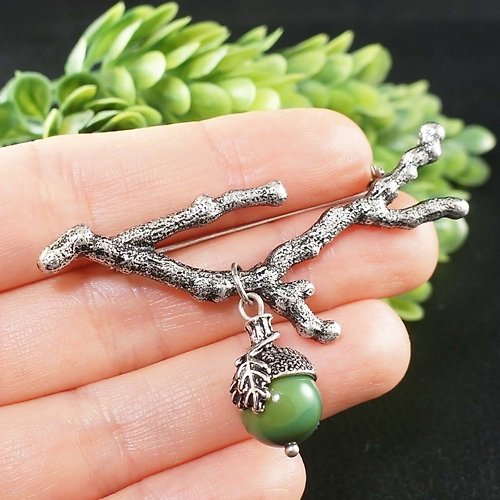 AGATIX Green Agate Acorn Silver Branch Forest Nature Woodland Boho Jewelry Brooch Pin