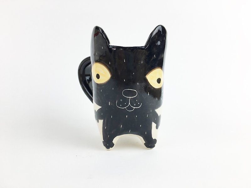 Nice Little Clay Hand Ear Cup (Big) _ Big Eye Black Cat and Flower Cat 38 - Mugs - Pottery White