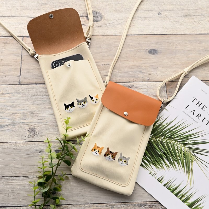 Smartphone Pochette BIG Pocket [Embroidered 3 Cats] Smartphone Shoulder Cat Empty Hands Leather Adjustable Length A171I - กระเป๋าแมสเซนเจอร์ - หนังแท้ สีนำ้ตาล