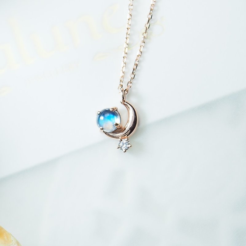 10K Little Lady Model||A Midsummer Night's Dream||Sri Lanka Blue Moonstone Diamond Rose Gold Very Fine Clavicle Chain - Collar Necklaces - Gemstone Pink
